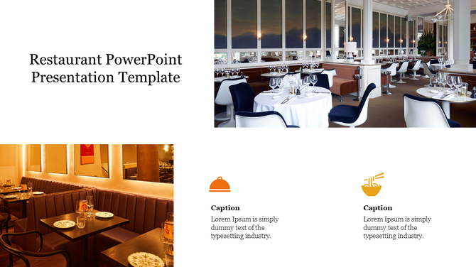 Slide featuring two restaurant interiors, one with white tablecloths and other with warm lighting, and captions.