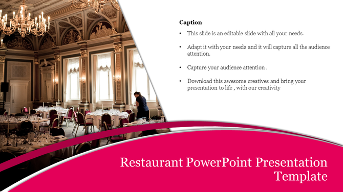 Luxurious restaurant interior with arranged dining tables and highlighted text with caption areas on a pink curve.