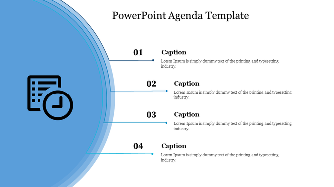 Agenda slide with a blue circular gradient on the left featuring an icon, and four numbered captions on the right.
