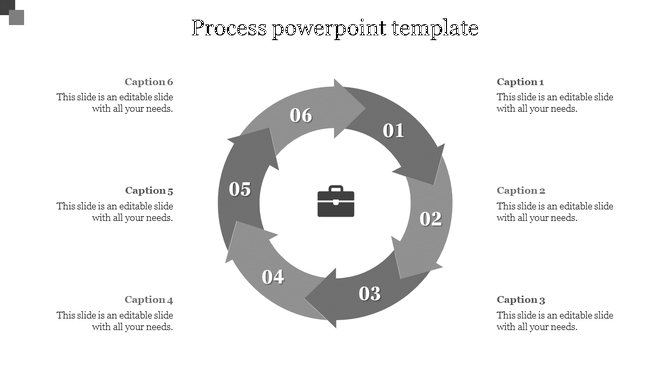 Gray circular diagram with six sections, each featuring a number and caption, arranged in a clockwise direction.