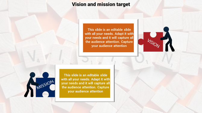 Slide with puzzle pieces labeled vision and mission, paired with text boxes on a scrabble tile background.