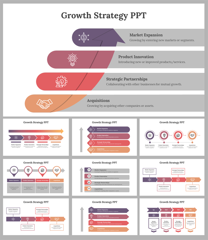 Set of slides highlighting growth strategies with gradient colored layers and corresponding icons for each stage.