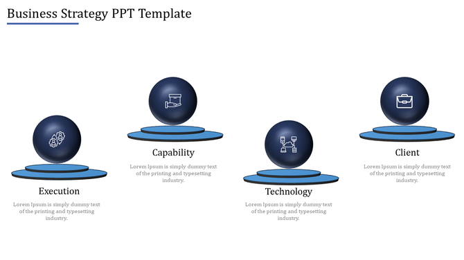 Business slide showing four labeled dark spheres with icons, arranged horizontally on blue platforms.
