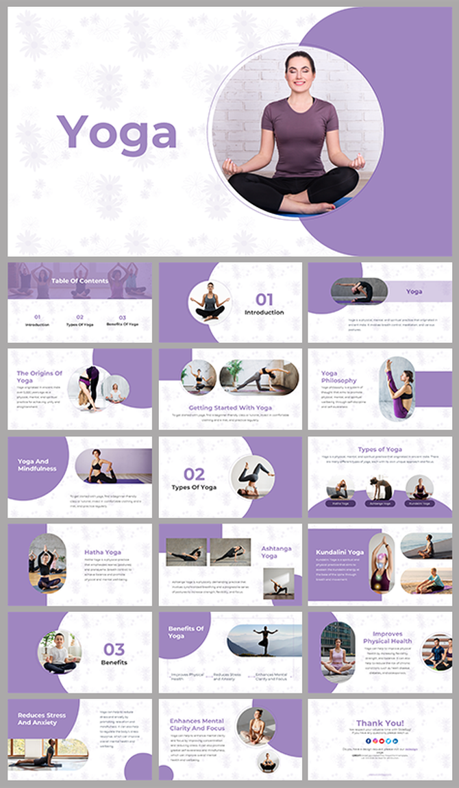 Slide deck in soft purple hues, featuring images of different yoga poses and descriptions about the benefits.