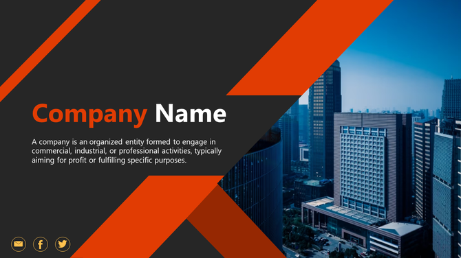 PowerPoint slide introducing a company, with a description and a modern cityscape background.