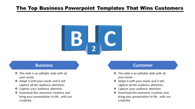 B2C infographic with blue 3D blocks and segmented business and customer text boxes below in blue banners.