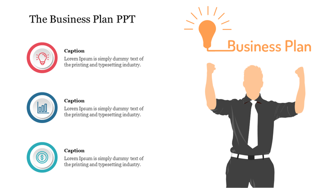 Business plan slide featuring an illustrated figure celebrating with raised arms and light bulb, with three captions.