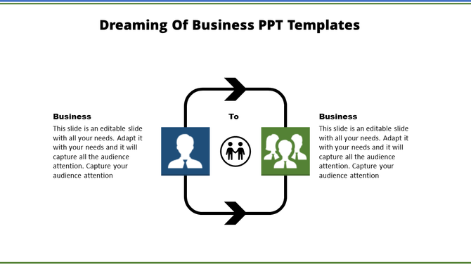 Business PPT slide showing two sections, one with a single person and the other with a group, illustrating transitions.
