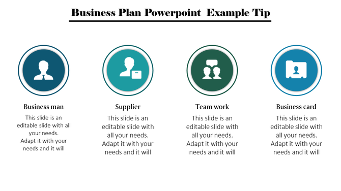 Four circular icons representing businessman, supplier, teamwork, and business card concepts with caption areas.