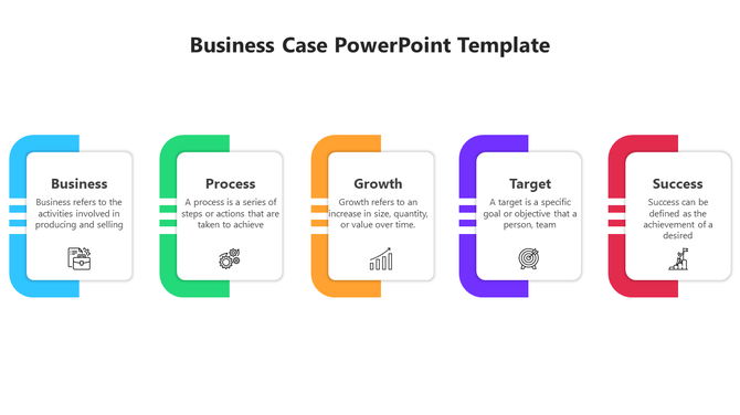 Business case slide with five multicolored sections in blue, green, orange, purple, and red, each with icons and captions.
