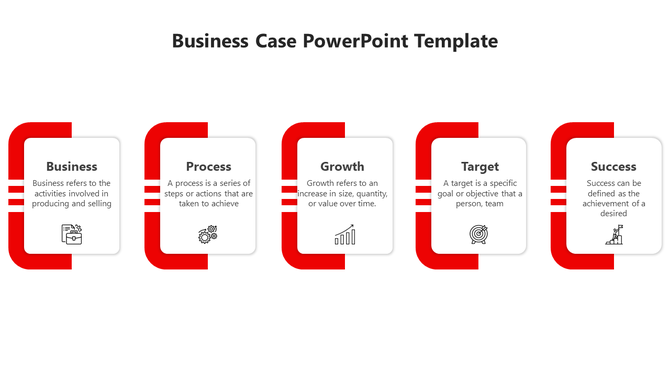 Slide with five red rectangular sections, each containing an icon and brief explanation related to business concepts.