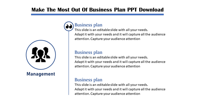 Professional business plan slide featuring sections on business plans under the management category with placeholder text.