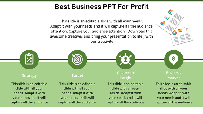 Business PPT template featuring sections for strategy, target, customer insight, and business marker with icons and text.