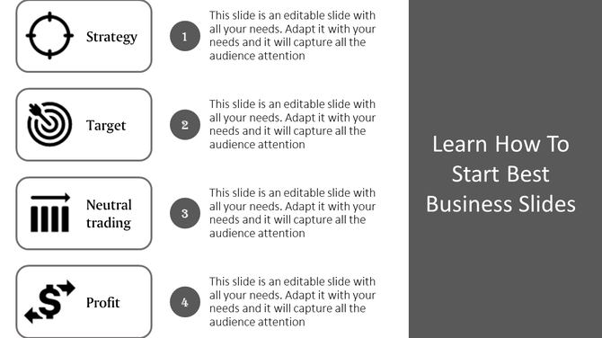 Business themed slide with four labeled icons and detailed descriptions aligned vertically, emphasizing structured goals.