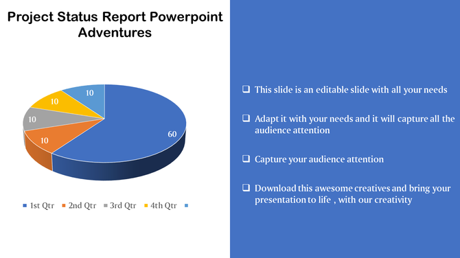 Split layout with a multicolored pie chart showing five data percentages and a textual checklist in a blue section.