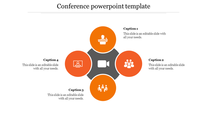 Conference graphic with four orange circles around a central video icon, each circle featuring meeting related symbols.