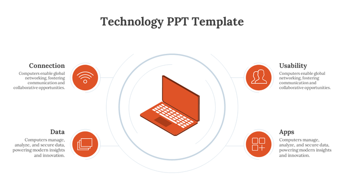 Technology PPT slide with sections on connection, usability, data, and apps, featuring a laptop graphic and modern icons.