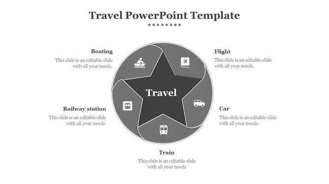 Travel infographic featuring central star surrounded by five grayscale segments with transportation icons.