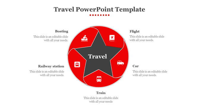 Travel themed diagram with a black star at the center and five red sections featuring icons for different transport modes.