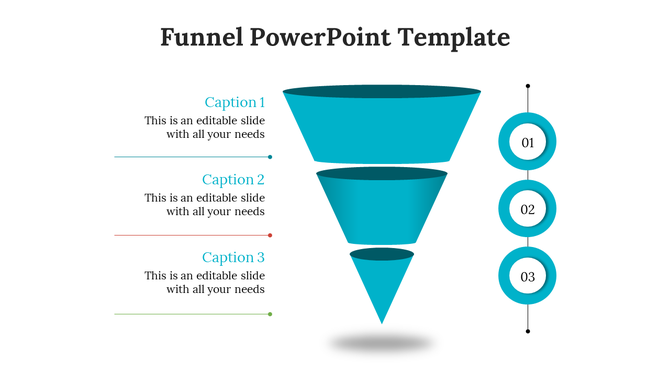 Blue funnel diagram slide with three layers and captions, showing a step by step process for PowerPoint presentations.