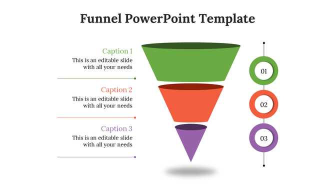 Colorful funnel diagram with green, orange, and purple sections, representing three process stages in a PowerPoint slide.