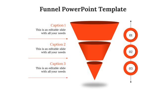 Stepwise red funnel infographic featuring three layers, circular step markers, and placeholders text areas.