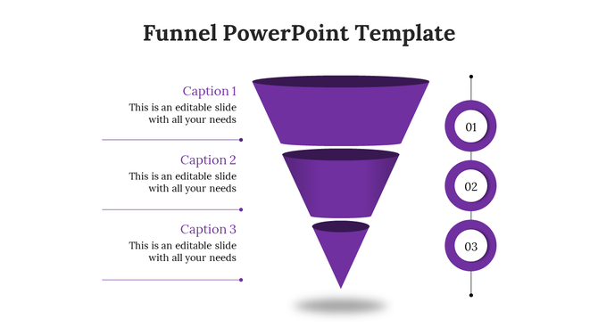 Purple funnel diagram with three tiers on the left and numbered circles in sequence on the right.