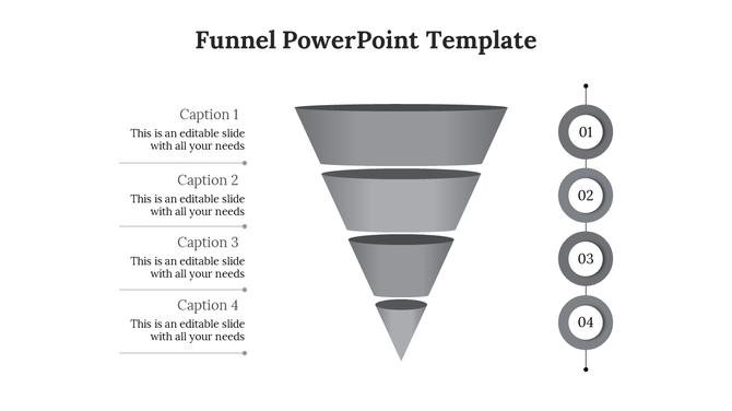 Grayscale funnel diagram PowerPoint template with four levels, captions on the left, and numbered circles on the right.