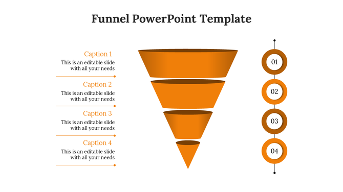 Orange funnel PowerPoint template with four layers, numbered steps on the right, and captions detailing each stage.