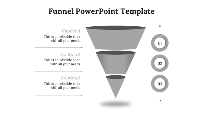 Gray funnel design, divided into three parts, paired with text labels and a vertical sequence of numbers.