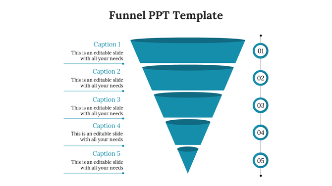 Infographic funnel layout in blue, showing a stepwise process with five sections and corresponding text on the left.