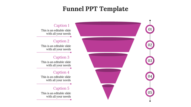 Purple funnel diagram PowerPoint slide with five labeled sections and matching captions on the left.
