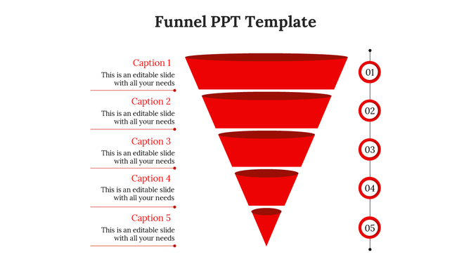 Red funnel diagram PowerPoint slide with five captions and corresponding numbered labels on the side.