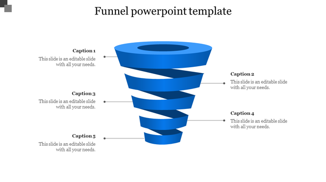 Funnel PPT template with numbered captions and a blue 3D funnel illustration with placeholder text on a white backdrop.