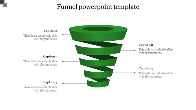 Green spiral funnel diagram with five labeled captions on a white background, showing a step by step process layout.