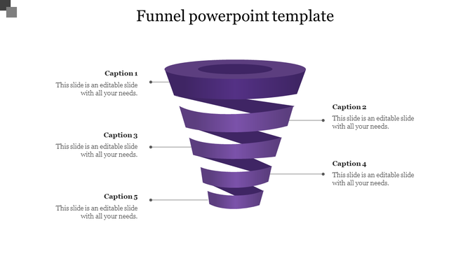 Funnel PPT template with numbered captions and a purple 3D funnel illustration with placeholder text on a white backdrop.