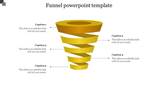 Gold spiral funnel diagram with five segmented layers, each linked to a caption placeholder with lines on both sides.