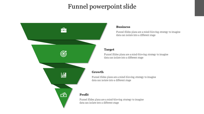 Green funnel diagram with sections for business, target, growth, and profit, each with relevant icons.
