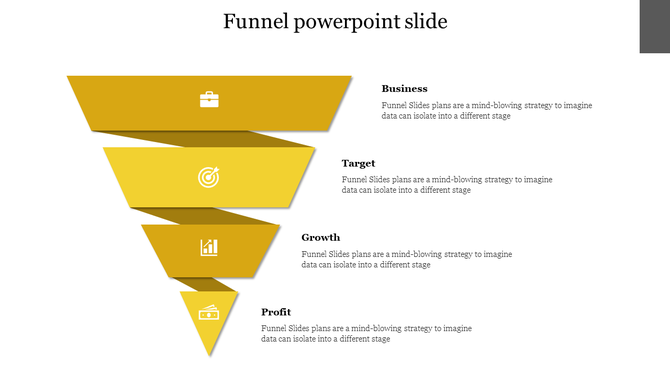 Layered yellow funnel infographic with four segments, each labeled with a title and featuring a white business related icon.