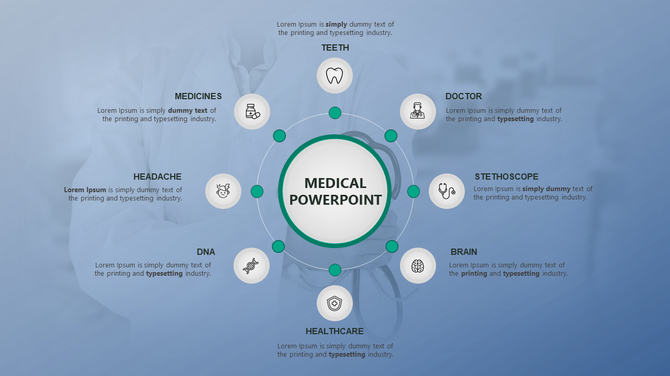 Medical infographic with a central circle and eight surrounding icons for various health topics, on a blue background.