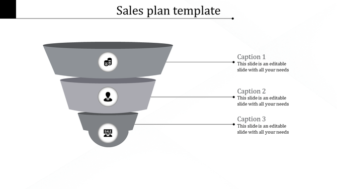 Gray funnel diagram with three sections, each containing circular icons, aligned with captions on a white background.