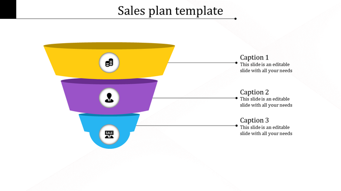 Color-coded funnel diagram with yellow, purple, and blue segments, showing icons for finances, user profile, and sales.