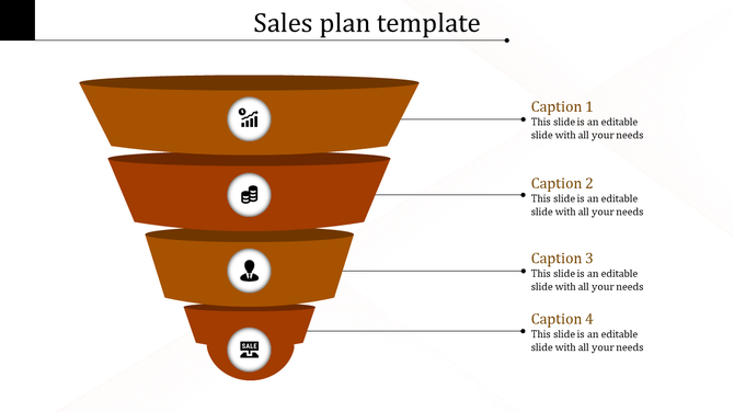 Sales funnel design in orange tones with four levels, featuring icons, and descriptive text to the right.