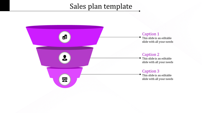 Sales plan template showcasing a three-tier purple funnel with icons and corresponding text captions.
