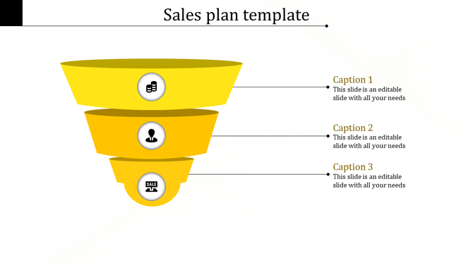 Yellow themed sales plan template with a three layer funnel graphic, icons, and captions for strategic planning.