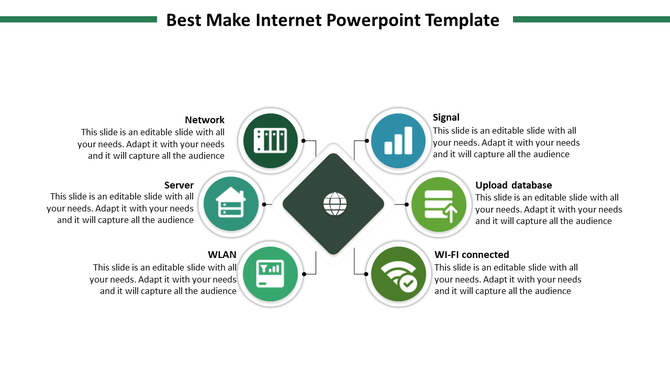 Circular diagram showcasing elements of an internet system from network to Wi Fi with color coded icons with text area.