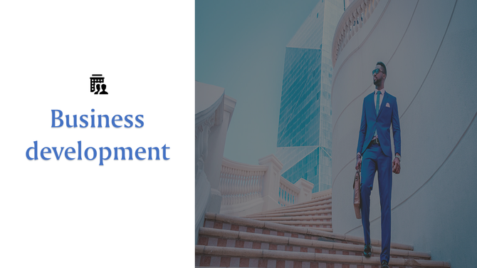 Business development slide with text on the left and a background of a man in formal attire near a curved modern building.