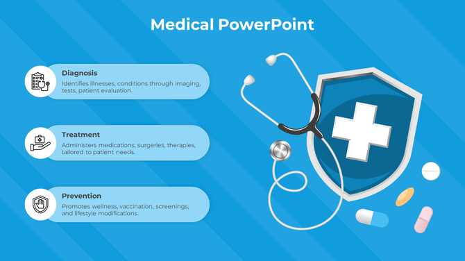 Medical slide with a stethoscope and a shield icon, featuring three sections for diagnosis, treatment, and prevention.
