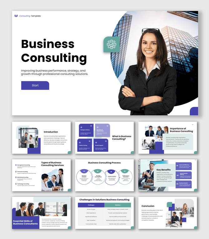 Business Consulting Presentation Template with purple corporate layouts and consulting workflow visuals.
