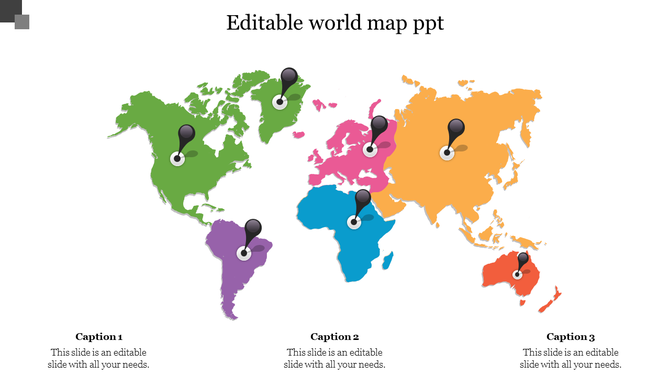 Colorful world map with regions highlighted in green, pink, blue, purple, orange, and red, with black location pins.